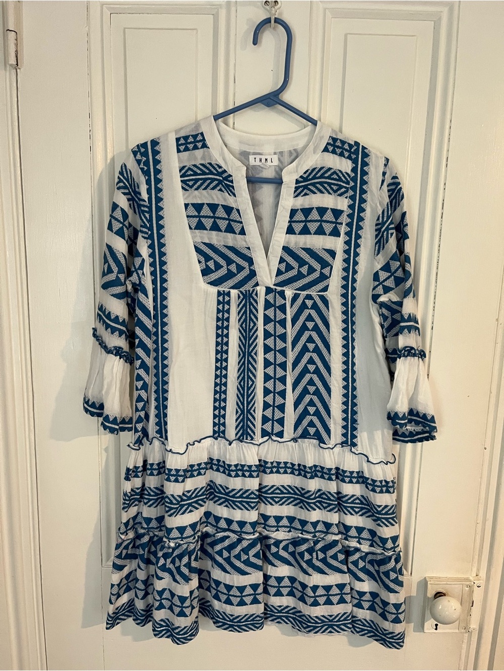 THML White Mini Dress size Small with Blue Geometric Embroidery